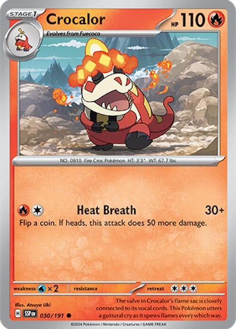 Pokémon Surging Sparks Crocalor 30 singles card, vibrant artwork featuring the Fire-type Pokémon Crocalor.