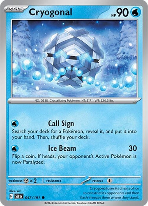 Pokémon Surging Sparks Cryogonal 47 singles card, featuring icy Pokémon Cryogonal in vibrant artwork.
