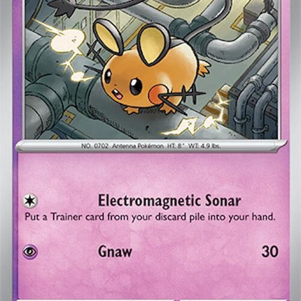 Pokémon Surging Sparks Dedenne 87 single card featuring Dedenne with bright artwork and vibrant colors.