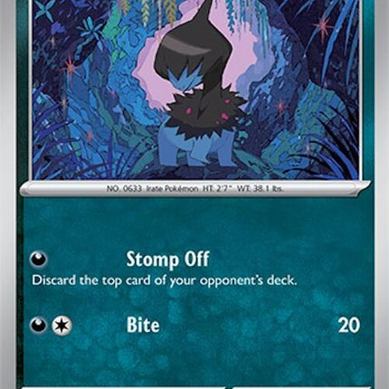 Pokémon Surging Sparks Deino 117 single card featuring artwork of the dragon-type Pokémon with vibrant colors.