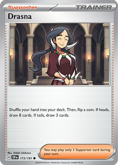 Pokémon Surging Sparks Drasna 173 single card featuring Drasna with vibrant artwork and dynamic design.