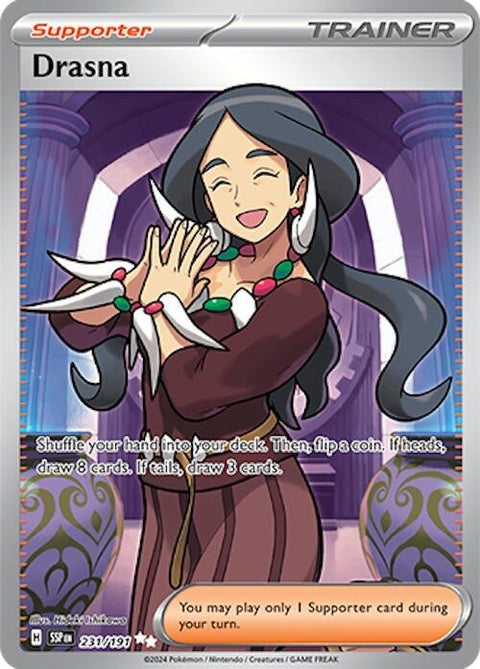 Pokémon Surging Sparks Drasna trading card from the Singles collection, featuring vibrant artwork of the character.