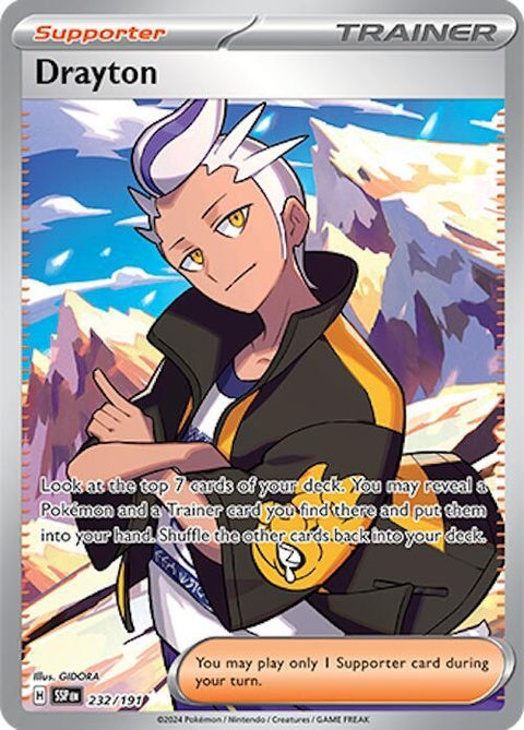 Pokémon Surging Sparks Drayton 232 Singles card featuring vibrant artwork and dynamic design elements.
