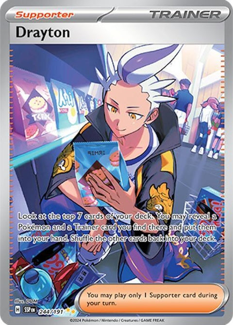 Pokémon Surging Sparks Drayton 244 singles trading card, featuring vibrant artwork and dynamic design.