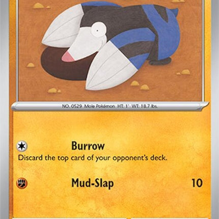 Pokémon Surging Sparks Drilbur 108 single card, featuring a detailed illustration of the Ground-type Pokémon in dynamic pose.