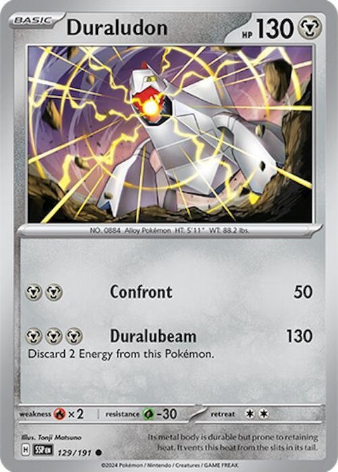 Pokémon Surging Sparks Duraludon 129 card, single trading card featuring Duraludon from the Pokémon TCG collection.