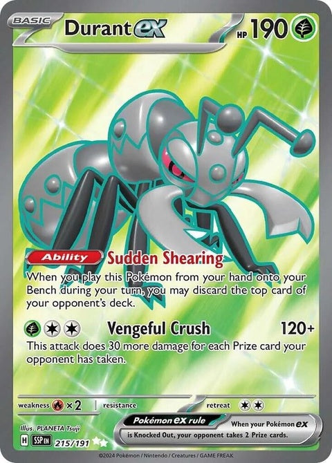 Pokémon Surging Sparks Durant EX 215 singles card featuring Durant in an action pose with vibrant artwork.