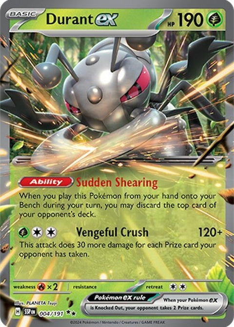Pokémon Surging Sparks Durant Ex 4 singles card featuring electric dinosaur Pokémon with vibrant artwork and dynamic pose.