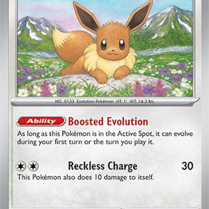 Pokémon Surging Sparks Eevee trading card featuring Eevee with vibrant artwork and dynamic design.