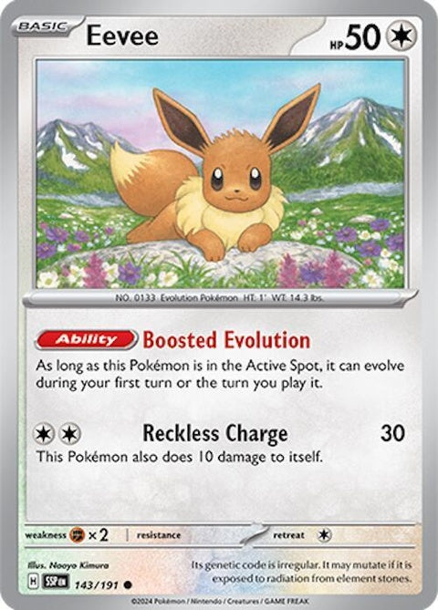 Pokémon Surging Sparks Eevee trading card featuring Eevee with vibrant artwork and dynamic design.