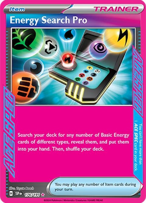 Pokémon Surging Sparks Energy Search Pro Singles card showing vibrant artwork and card details on a white background.