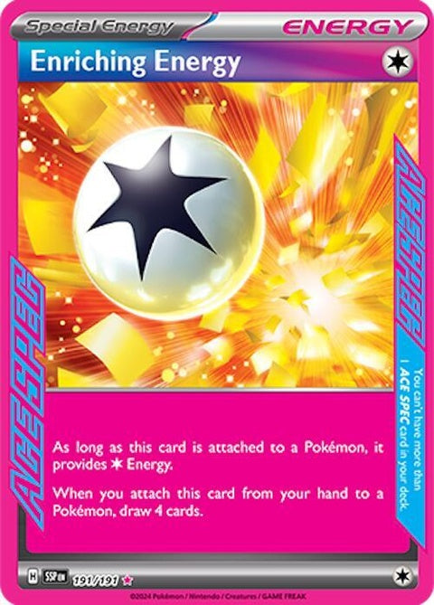 Pokémon Surging Sparks Enriching Energy 191 singles card showing vibrant artwork and Pokémon branding.