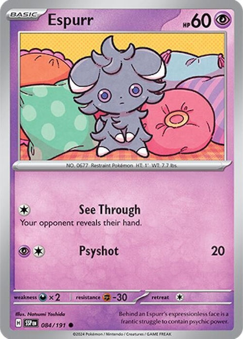 Pokémon Surging Sparks Espurr 84 single card, featuring artwork of the Psychic-type Pokémon Espurr from the Pokémon trading card game.