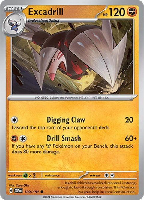 Pokémon Surging Sparks Excadrill Pokémon card featuring detailed illustration of Excadrill in a dynamic pose.