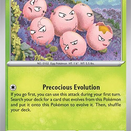 Pokémon Surging Sparks Exeggcute single card featuring six small eggs with green and brown shells, detailed artwork.