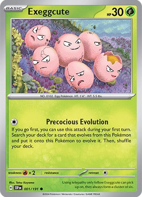 Pokémon Surging Sparks Exeggcute single card featuring six small eggs with green and brown shells, detailed artwork.