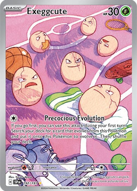 Pokémon Surging Sparks Exeggcute single card, featuring six egg-shaped creatures with green and brown coloring and detailed artwork.