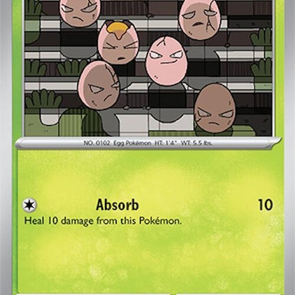 Pokémon Surging Sparks Exeggcute single card, vibrant artwork featuring the Grass and Psychic-type Pokémon.