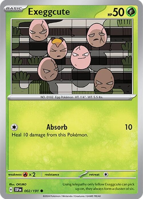 Pokémon Surging Sparks Exeggcute single card, vibrant artwork featuring the Grass and Psychic-type Pokémon.