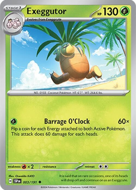 Pokémon Surging Sparks Exeggutor card from the Singles collection, featuring detailed artwork of the grass and psychic-type Pokémon.