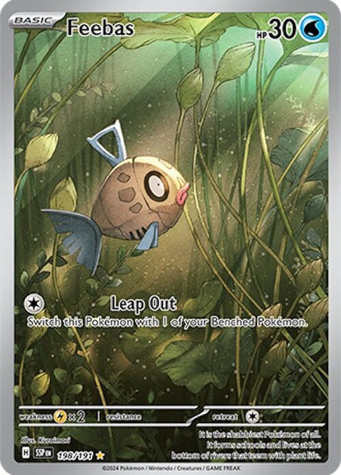 Pokémon Surging Sparks Feebas Pokémon single card, featuring artwork of a small, colorful fish Pokémon with vibrant details.