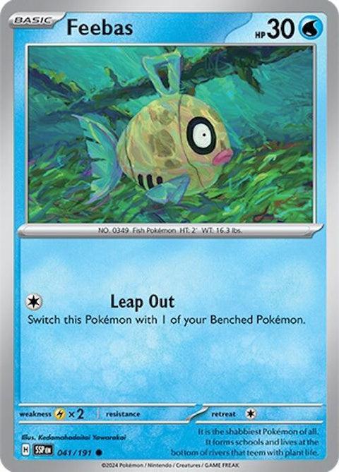 Pokémon Surging Sparks Feebas 41 single card showing colorful illustration of Feebas in a Pokémon trading card image.