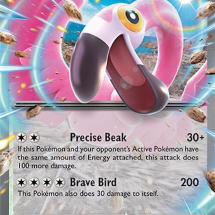 Pokémon Surging Sparks Flamigo EX 160 card showing vibrant artwork and Pokémon branding on a white background.