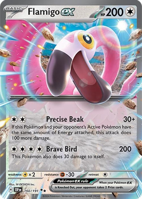 Pokémon Surging Sparks Flamigo EX 160 card showing vibrant artwork and Pokémon branding on a white background.