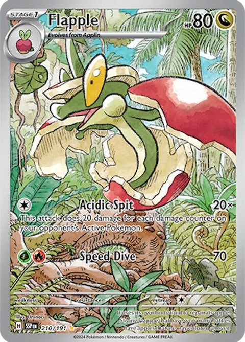 Pokémon Surging Sparks Flapple 210 singles card featuring artwork of the Grass and Dragon-type Pokémon in vibrant colors.