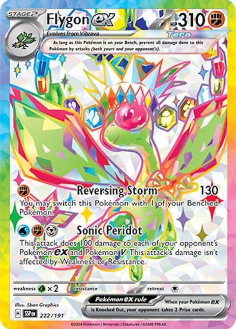 Flygon EX Pokémon card from Surging Sparks set, featuring vibrant artwork and detailed illustration of the Pokémon Flygon.