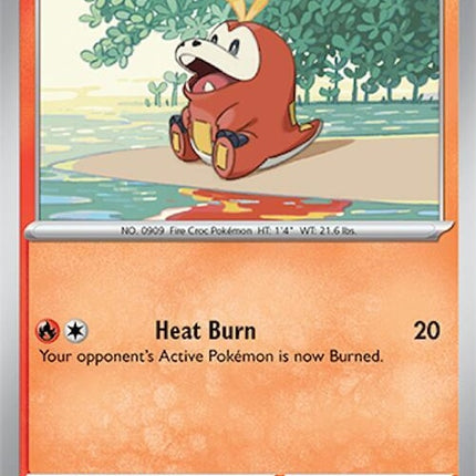 Pokémon Surging Sparks Fuecoco card, singles, detailed illustration, vibrant colors, collectible trading card from the Pokémon brand