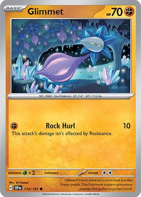Pokémon Surging Sparks Glimmet 114 card featuring Glimmet in a vibrant, dynamic pose on a Pokémon card.