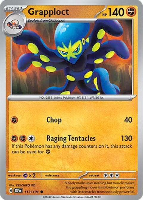 Pokémon Surging Sparks Grapploct 113 trading card, featuring artwork of the fighting-type Pokémon Grapploct from the Singles collection.