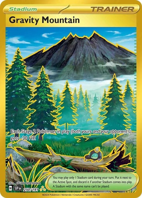 Pokémon Surging Sparks Gravity Mountain 250 singles trading card featuring vibrant artwork and Pokémon branding.