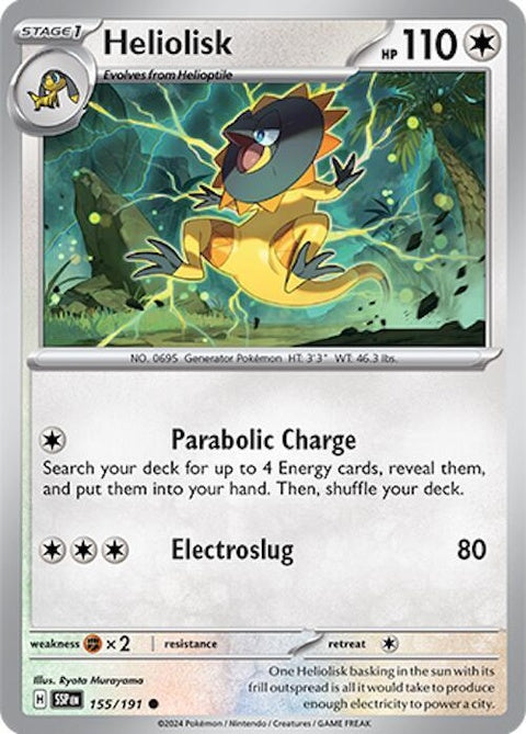 Pokémon Surging Sparks Heliolisk 155 single card featuring Heliolisk with vibrant artwork and dynamic design.