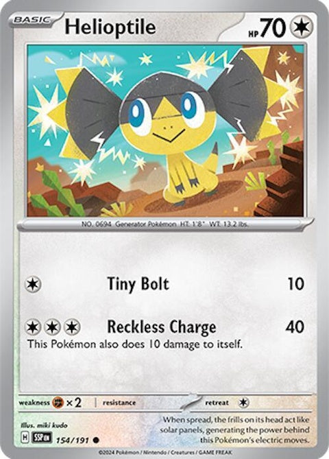 Pokémon Surging Sparks Helioptile single card featuring Helioptile in vibrant artwork, from the Pokémon trading card game.
