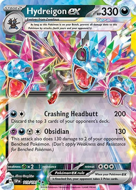 Hydreigon EX Pokémon card from Surging Sparks set, featuring a detailed illustration of the Dark and Dragon-type Pokémon.