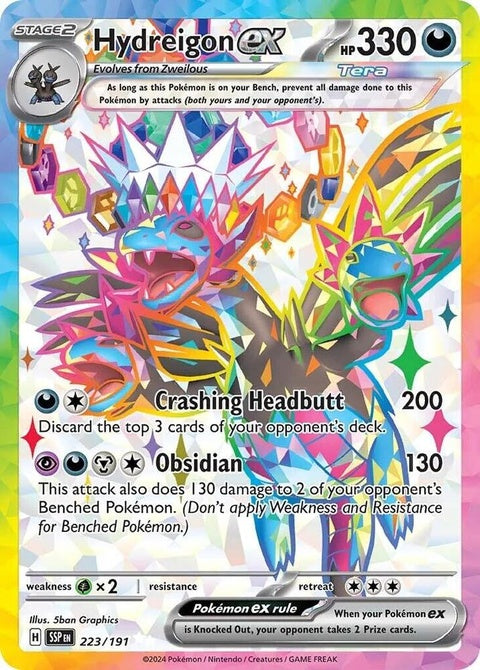 Hydreigon EX Pokémon card from Surging Sparks set, featuring vibrant artwork of the dark and dragon-type Pokémon.