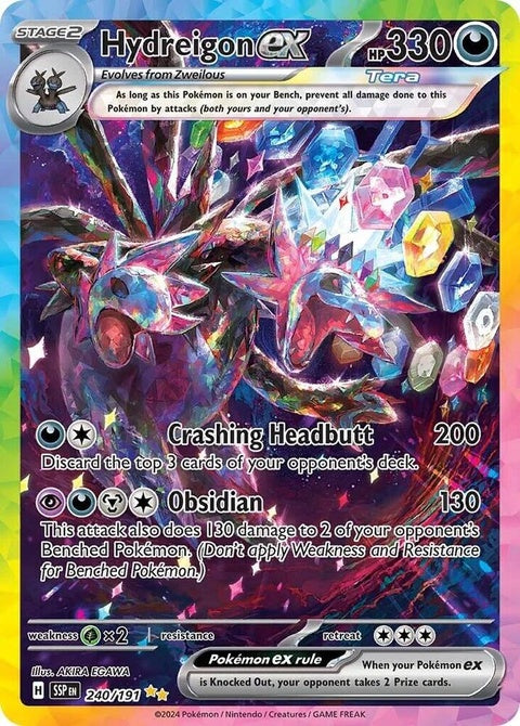 Hydreigon EX Pokémon card from Surging Sparks set, featuring vibrant artwork and detailed design of the Dark and Dragon-type Pokémon.