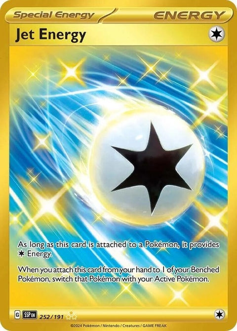 Pokémon Surging Sparks - Jet Energy 252 singles card featuring vibrant artwork and Pokémon branding.