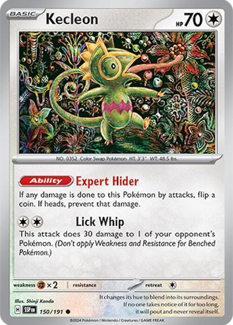 Pokémon Surging Sparks Kecleon 150 singles card featuring colorful artwork of the Kecleon Pokémon on a vibrant background.