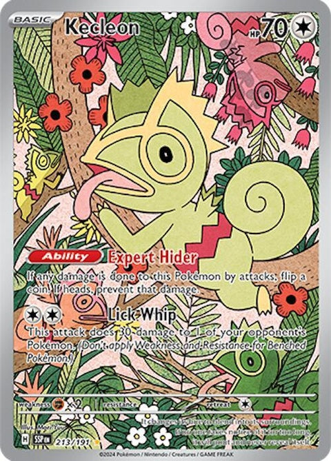 Pokémon Surging Sparks Kecleon single card featuring vibrant artwork of the colorful Kecleon Pokémon.