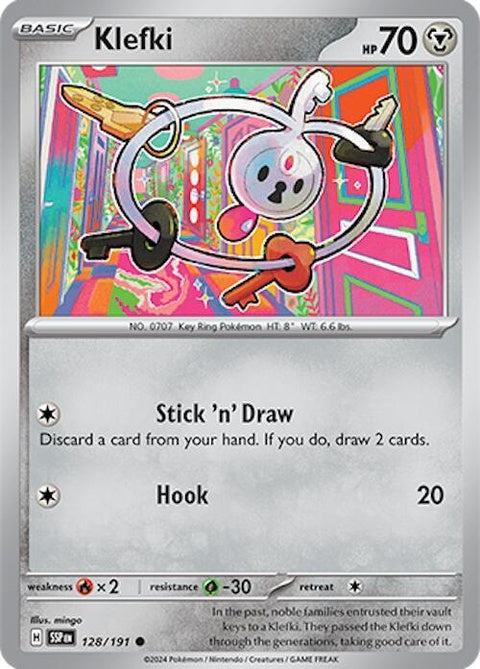 Pokémon Surging Sparks Klefki single card featuring a detailed illustration of the fairy and steel-type Pokémon.