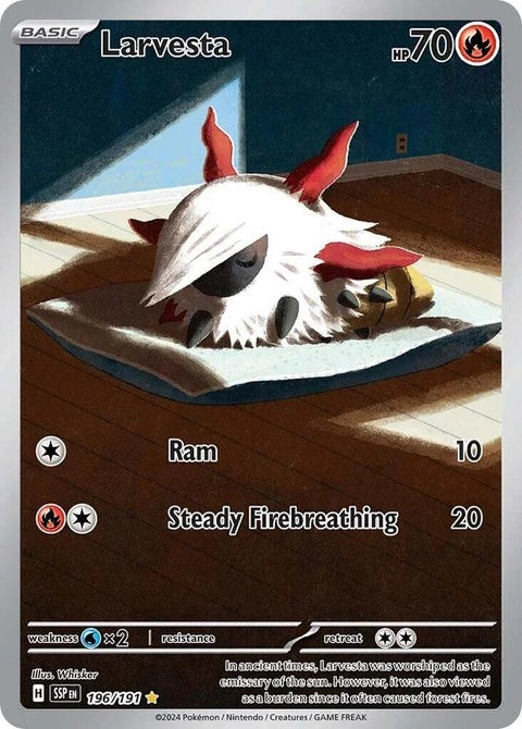 Pokémon Surging Sparks Larvesta 196 trading card featuring Larvesta with fiery artwork and vibrant colors.
