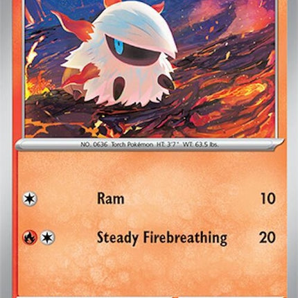 Pokémon Surging Sparks Larvesta single card, detailed illustration, vibrant colors, and Pokémon branding on the card.