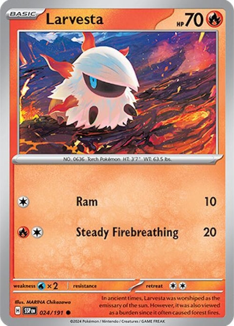 Pokémon Surging Sparks Larvesta single card, detailed illustration, vibrant colors, and Pokémon branding on the card.