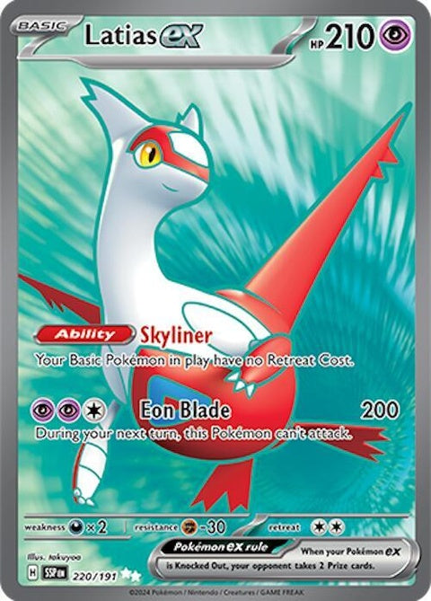 Pokémon Surging Sparks Latias EX 220 single card featuring vibrant artwork of the legendary dragon Pokémon Latias EX.