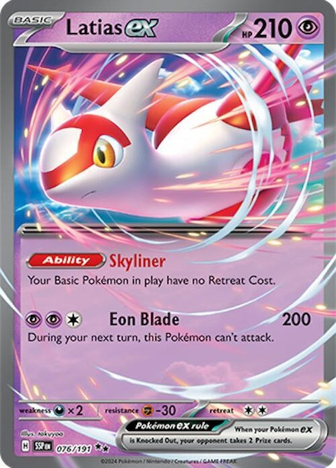 Pokémon Surging Sparks Latias EX card from the Singles collection, featuring vibrant artwork of the legendary dragon Pokémon.
