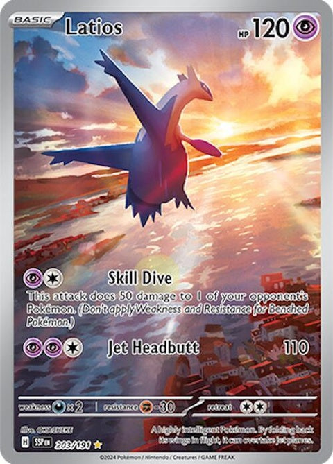 Pokémon Surging Sparks Latios 203 trading card, singles edition, featuring vibrant artwork of the legendary Pokémon Latios.