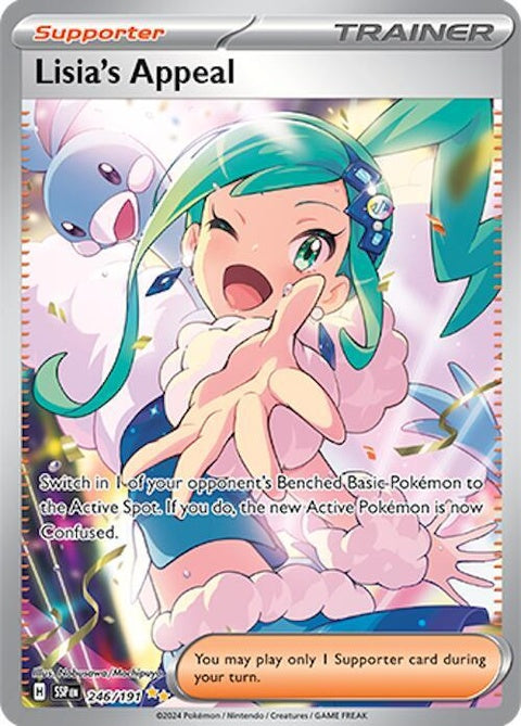 Pokémon Surging Sparks Lisia's Appeal 246 singles card featuring Lisia with vibrant artwork and energetic design.